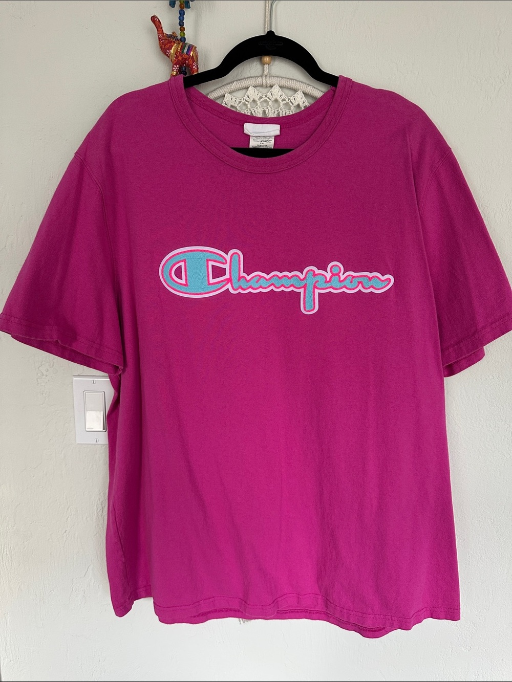 Champion Short-Sleeve Logo Tee in Bright Fuchsia